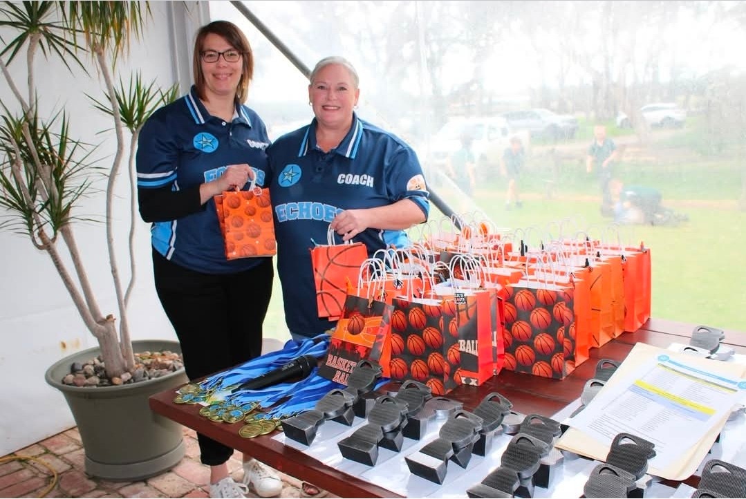 Echoes Basketball Club volunteers with the 50 goody bags donated by Barossa Wine Tours R Us