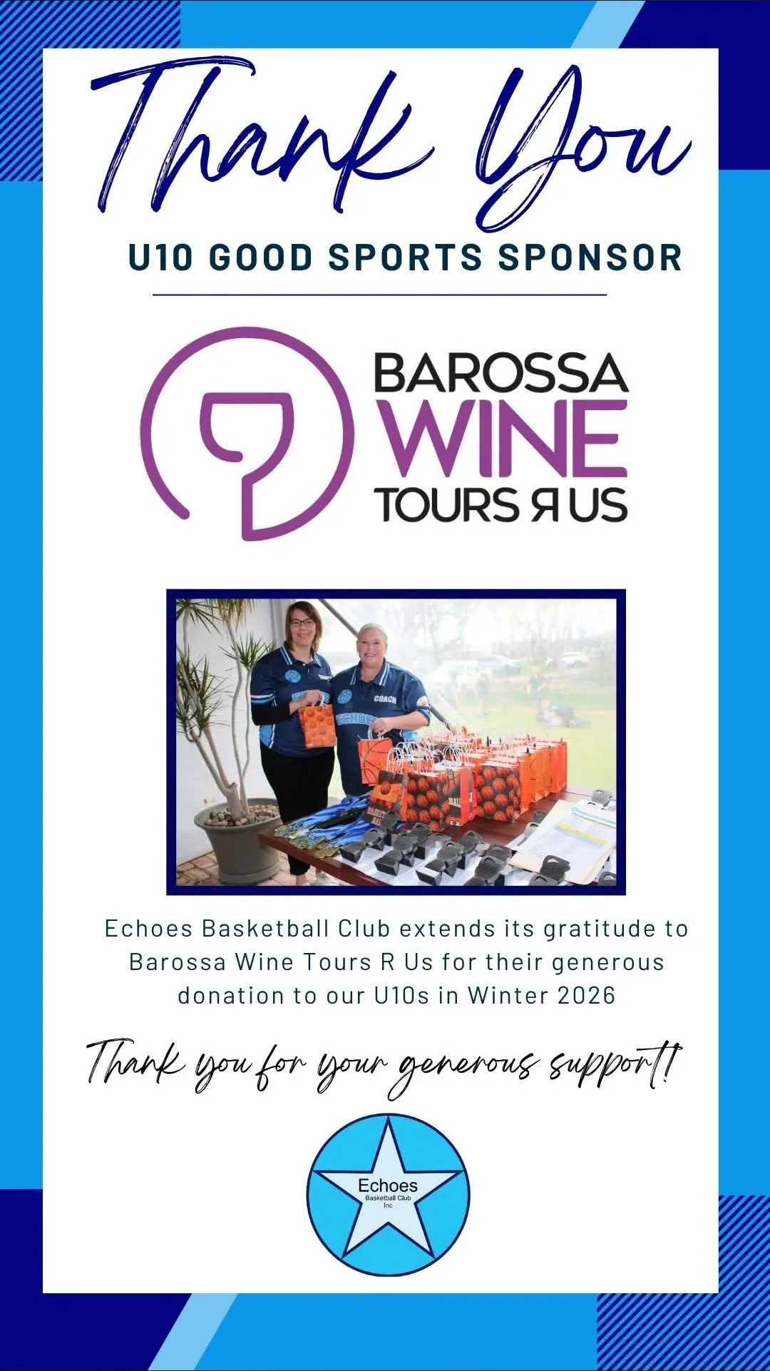 Echoes Basketball Club thank you certificate naming Barossa Wine Tours R Us as U10 Good Sports Sponsor for Winter 2026